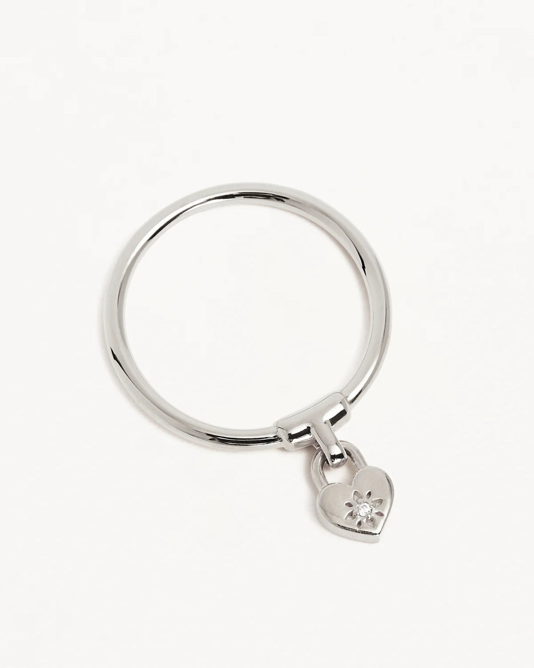By Charlotte - Crystal Lotus Heart Padlock Ring - Silver